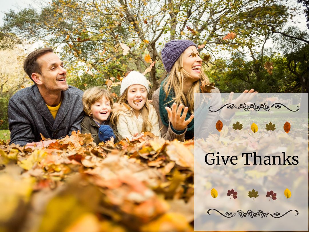 Family Enjoying Fall Leaves in Park with Give Thanks Sign - Download Free Stock Templates Pikwizard.com