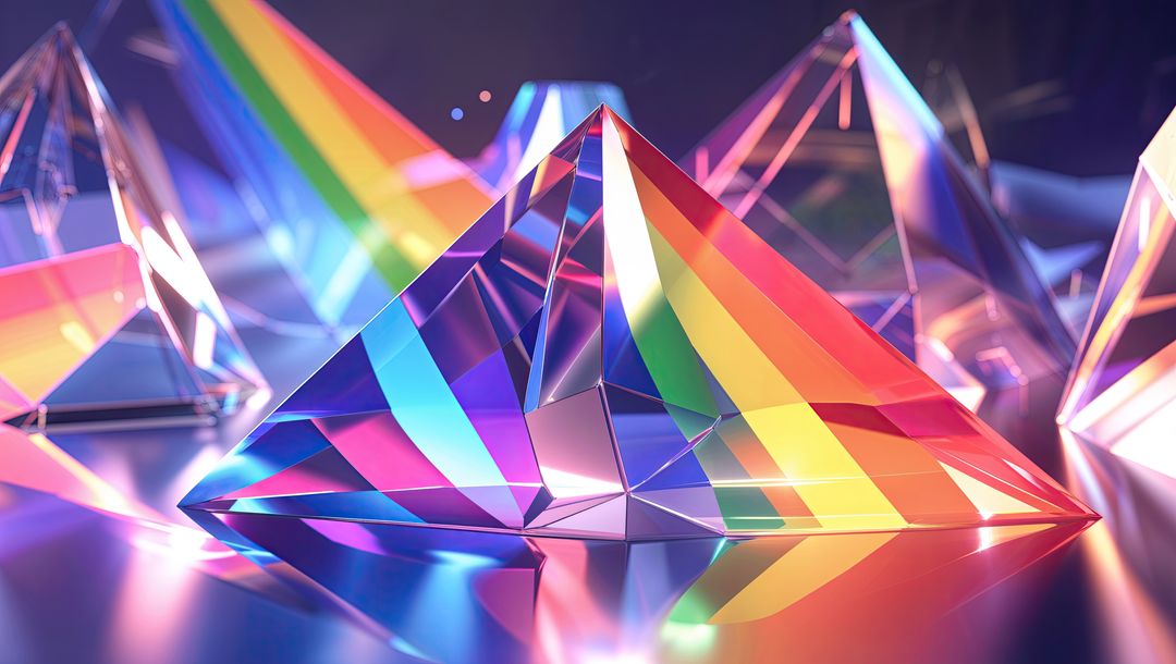 Colorful Prisms Creating Rainbow Refractions on Reflective Surface