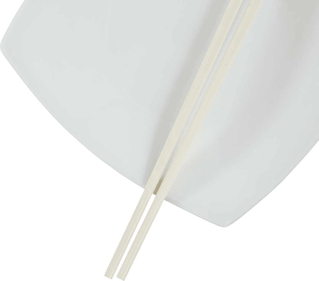 Transparent Square Plate with Beige Chopsticks Overhead