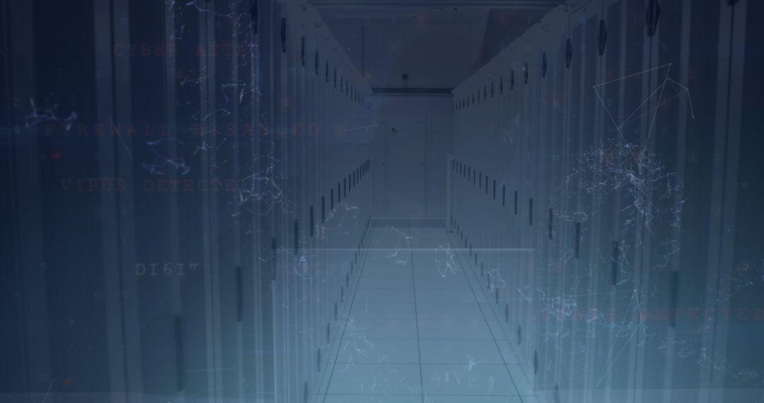 Modern Server Aisle in High-Tech Data Center with Digital Overlays