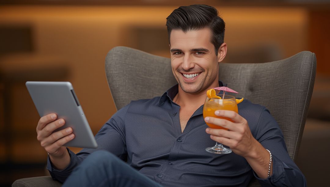 Smiling Man Relaxing in Lounge With Tablet and Cocktail
