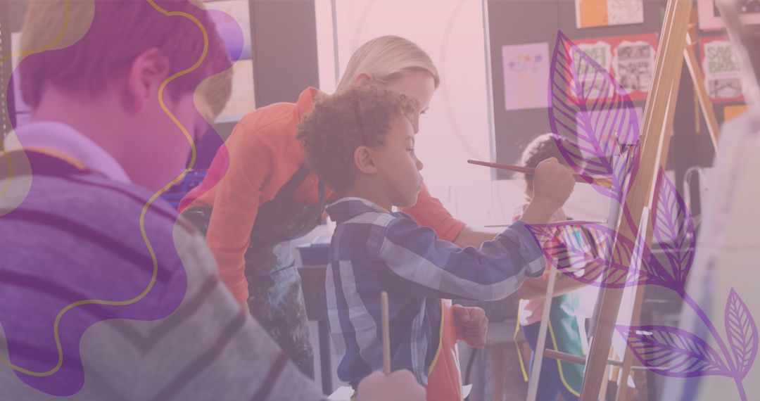 Diverse Children Engaged in Art Class with Teacher Guidance