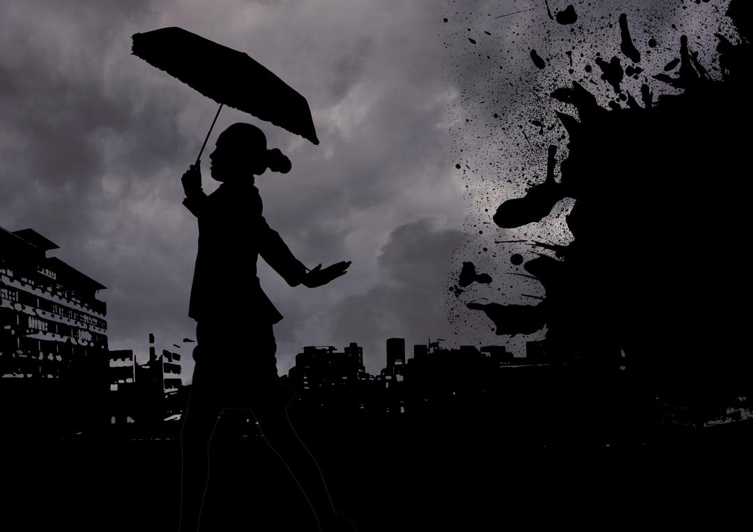 Silhouette of Woman with Umbrella Against Stormy Cityscape - Free Images, Stock Photos and Pictures on Pikwizard.com