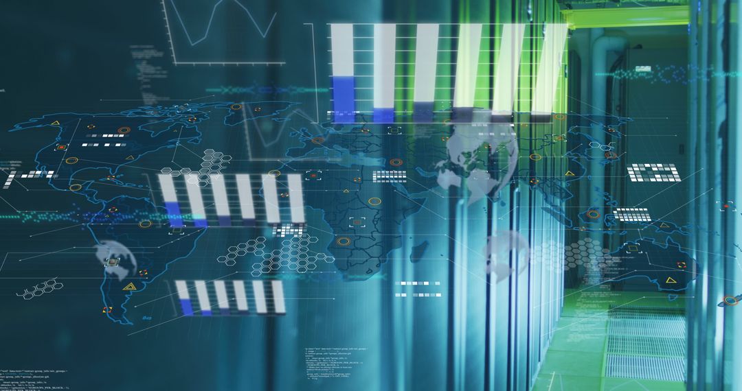 Futuristic Data Analytics Over World Map in Server Room