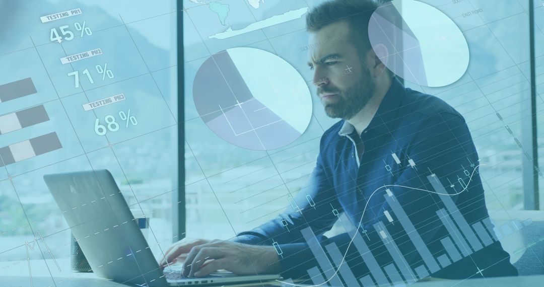 Businessman Analyzing Data on Laptop with Digital Charts Overlay