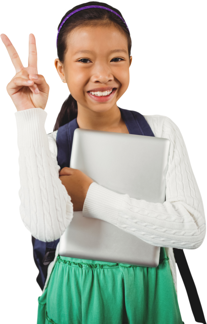 Smiling Girl Holding Tablet Displaying Peace Sign Transparent Background - Download Free Stock Images Pikwizard.com