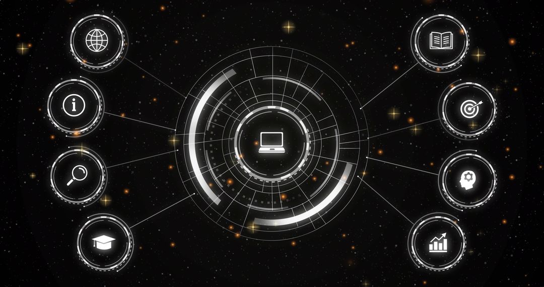 Futuristic HUD Network Interface with Central Laptop Icon and Eight Satellite Data Nodes