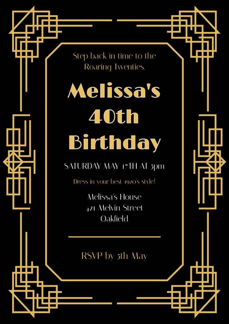 Roaring Twenties Themed 40th Birthday Invitation with Art Deco Design - Download Free Stock Templates Pikwizard.com