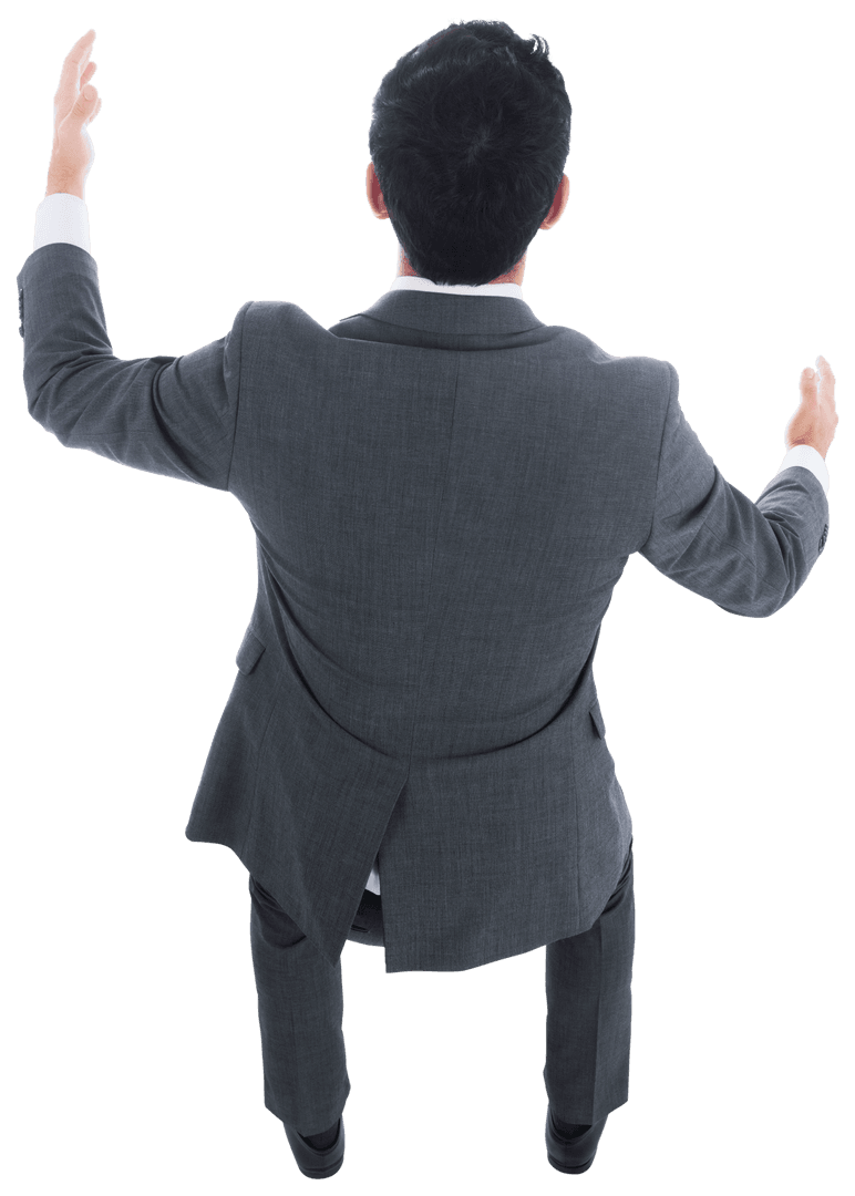Rear View of Businessman in Gray Suit on Transparent Background