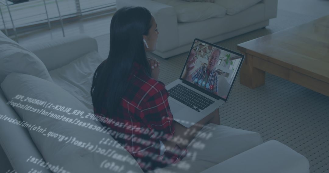 Woman on Video Call with Flashy Data Overlay