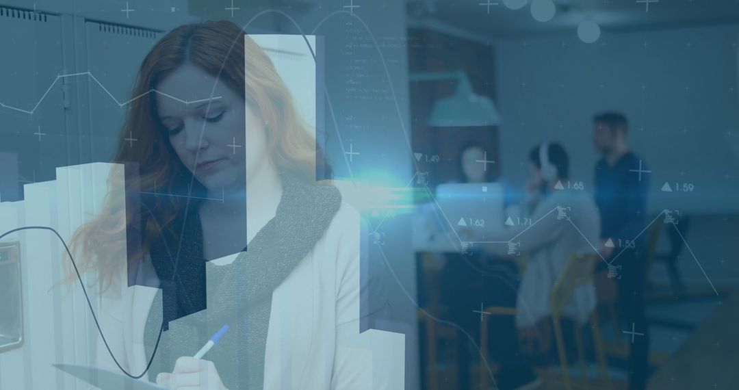 Red-Haired Woman Analyzing Data in Modern Office Setting