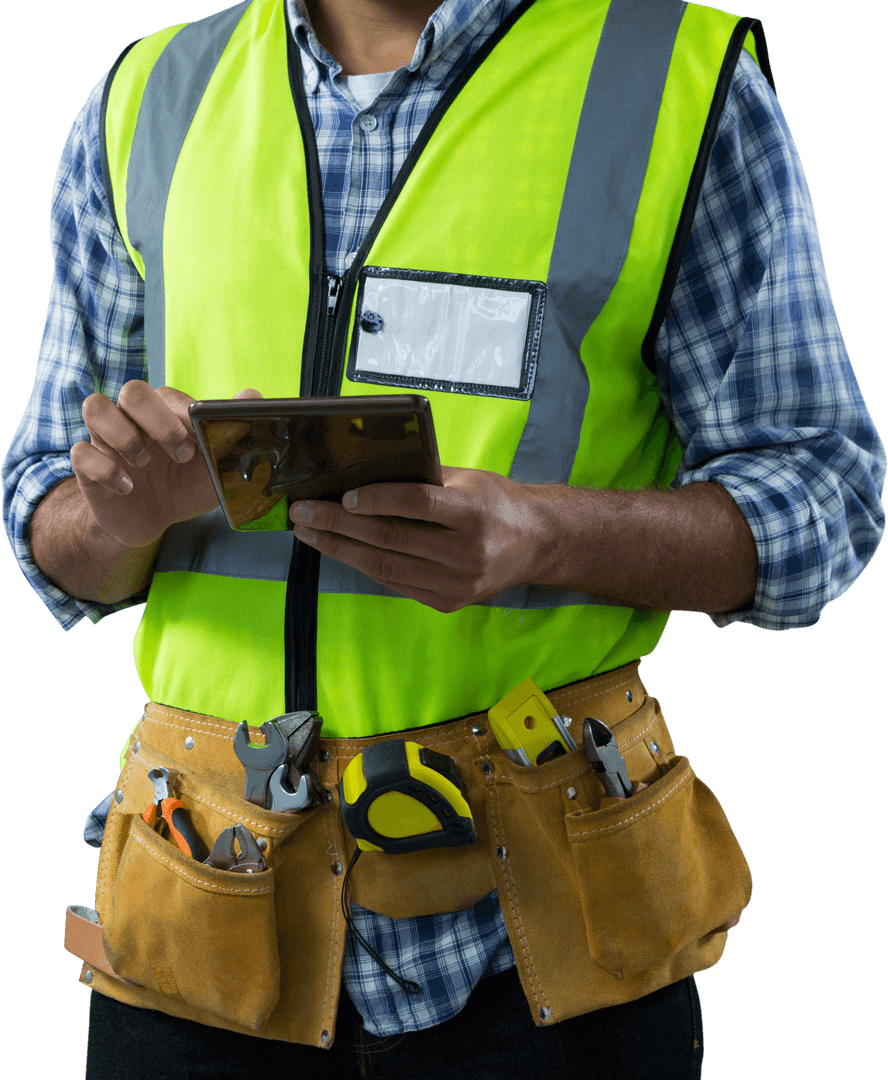 Transparent Construction Worker Using Tablet with Tools