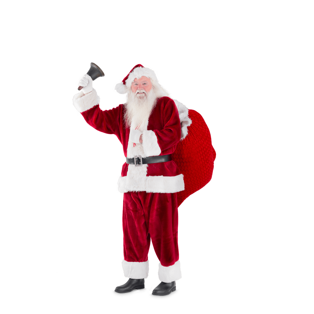 Joyful Santa Claus Ringing Bell with Red Sack on Transparent Background