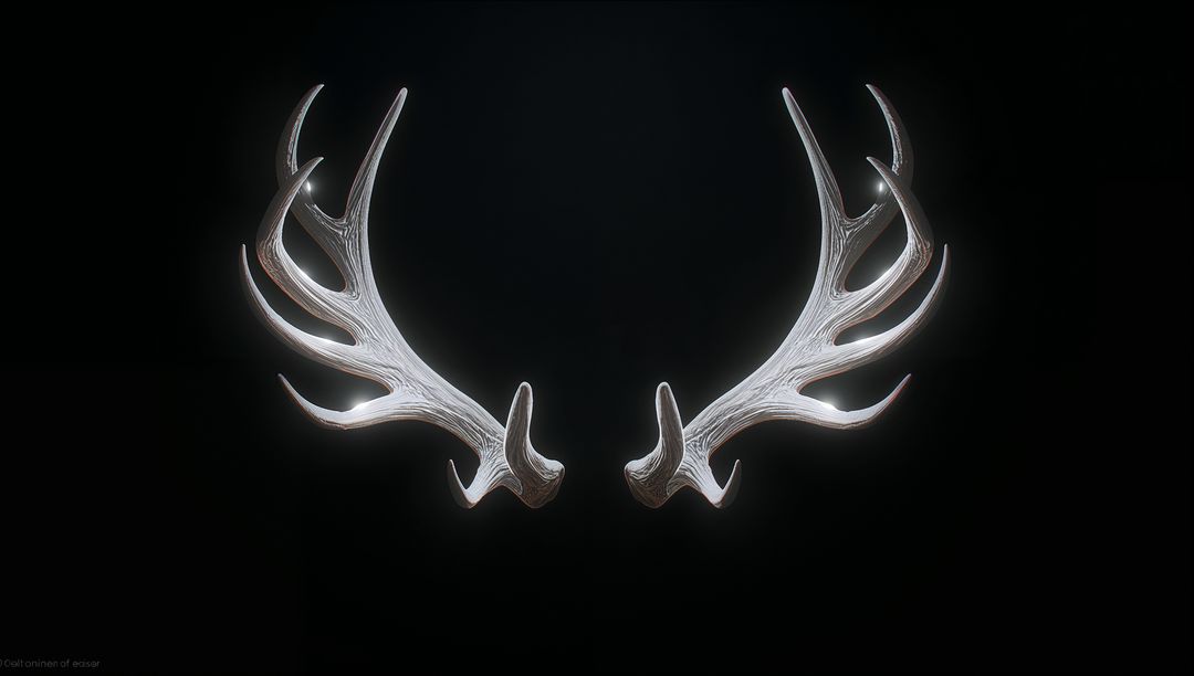 Rim-Lit Symmetrical Deer Antlers Floating on Black Background Minimal Ivory Sculpture