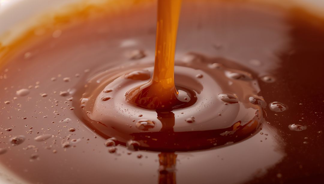 Pouring glossy caramel syrup forming circular ripples and bubbles macro close-up