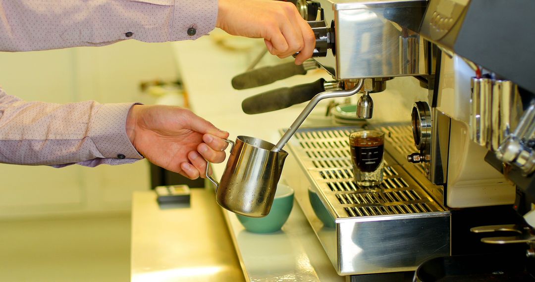 Barista Making Fresh Espresso with Professional Machine - Free Images, Stock Photos and Pictures on Pikwizard.com