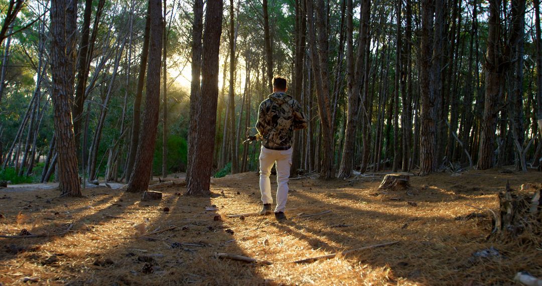 Man Hiking Through Pine Forest at Sunrise - Free Images, Stock Photos and Pictures on Pikwizard.com