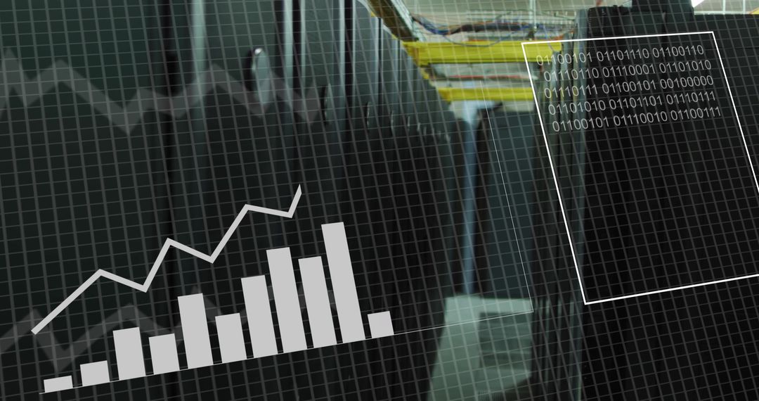 Server Room with Data Processing and Digital Interface