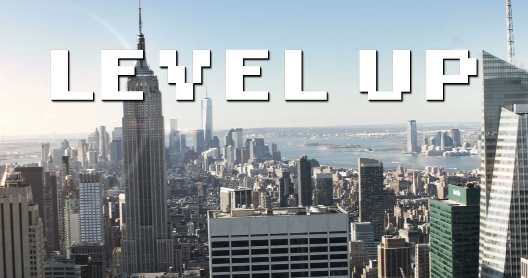 Urban Ambition: Pixelated 'Level Up' Text Over Cityscape