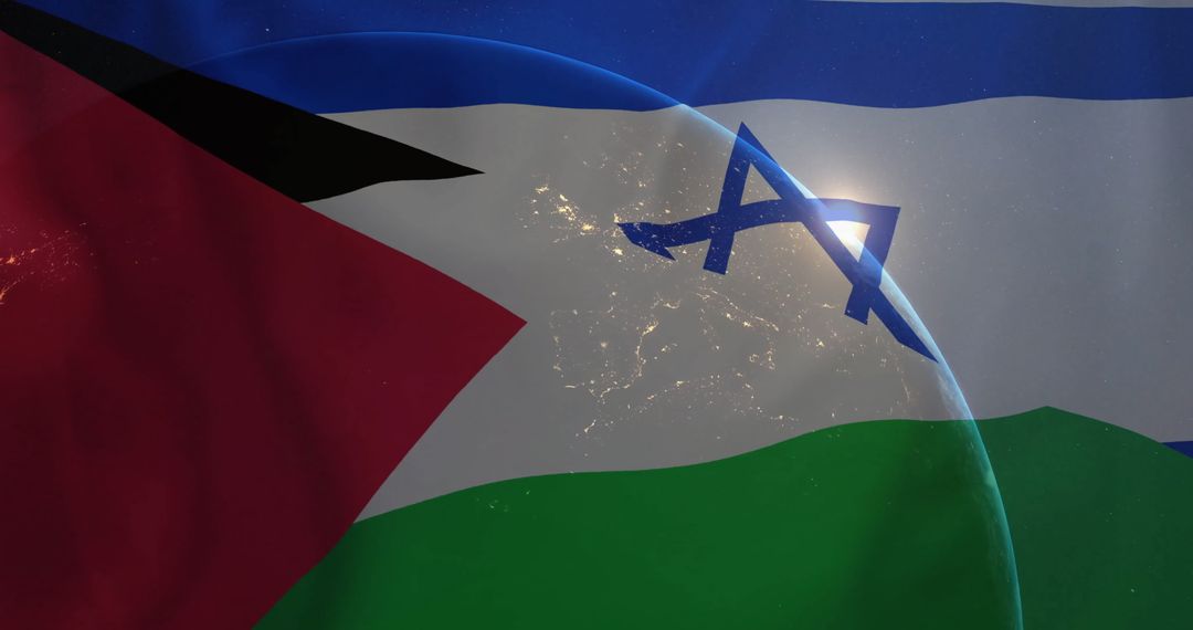 Globe Overlay on Palestine and Israel Flags Symbolizing Conflict and Finance