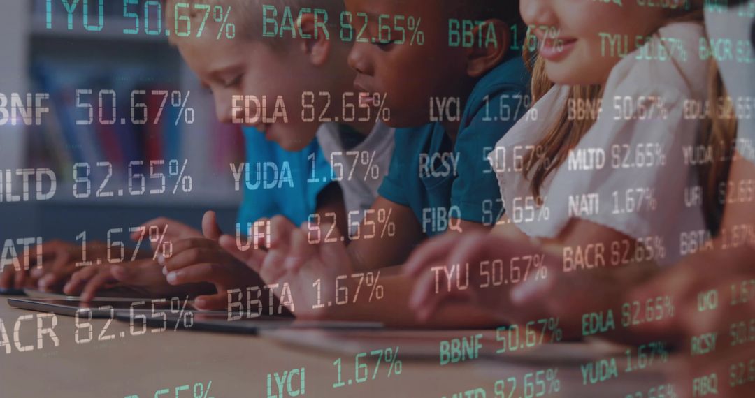 Diverse Students Engaged with Electronics and Stock Ticker Overlay