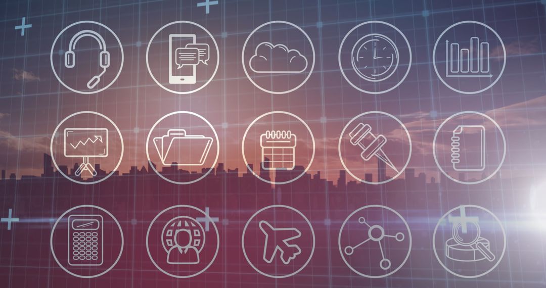 Innovative Digital Interface with Technological Icons and Cityscape