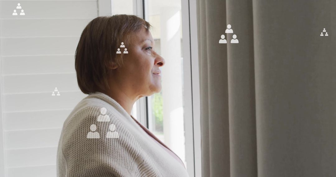 Elderly Woman Reflecting with Network Connection Icons Overlay