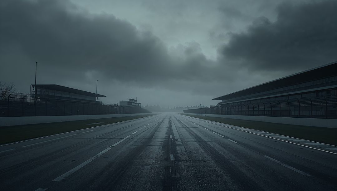 Empty Wet Motorsport Track with Dramatic Cloudy Sky