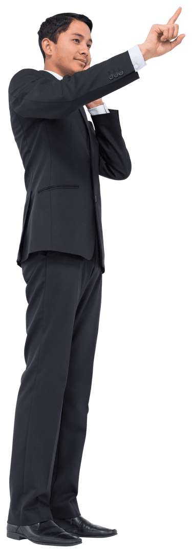 Businessman in Suit Pointing Upward on Transparent Background