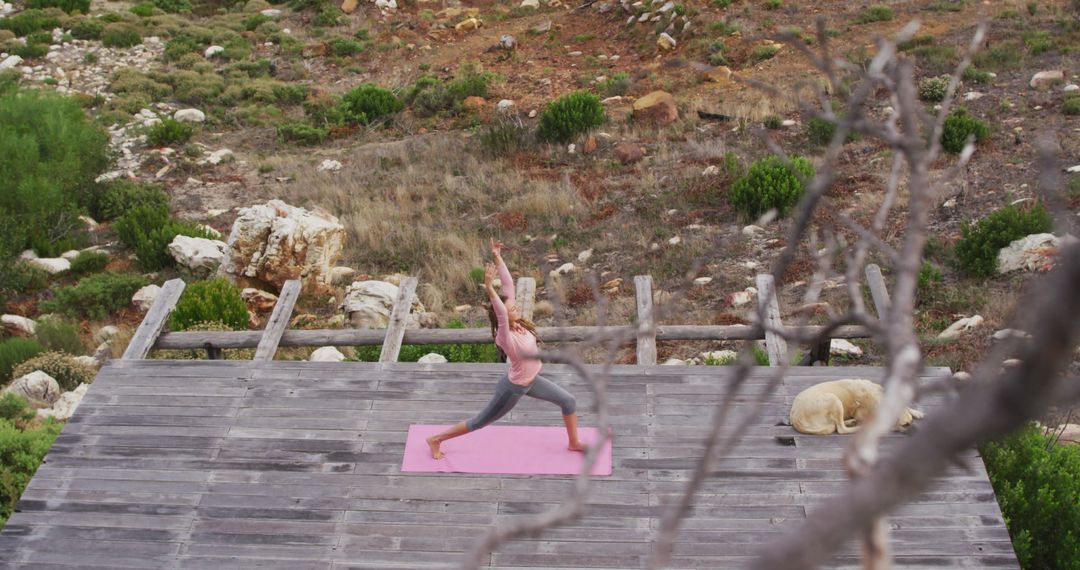 Woman Practicing Yoga Outdoors on Wooden Deck - Free Images, Stock Photos and Pictures on Pikwizard.com