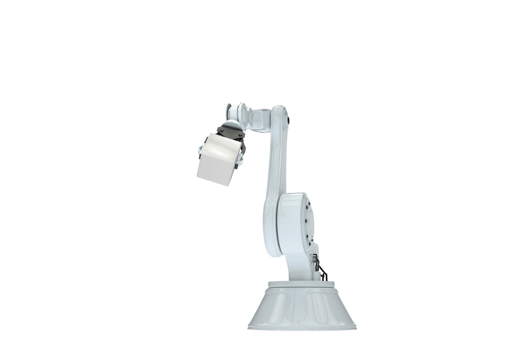 Transparent Robotic Arm Holding Metal Cube