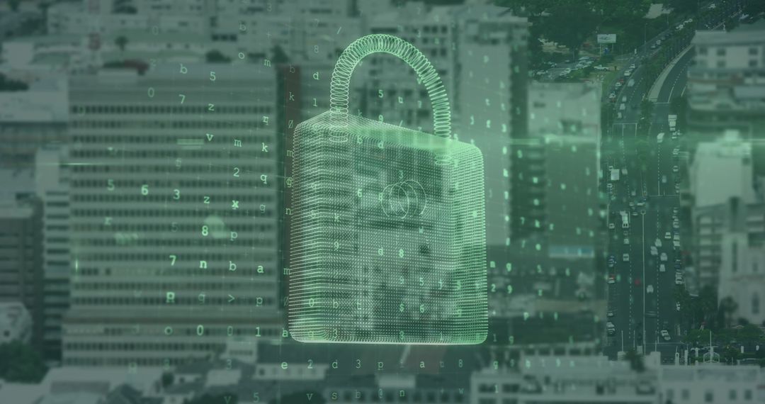 Digital Security Padlock Over Cityscape Representing Data Protection