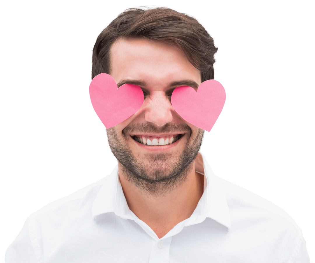 Man Smiling with Heart-Shaped Glasses on Transparent Background