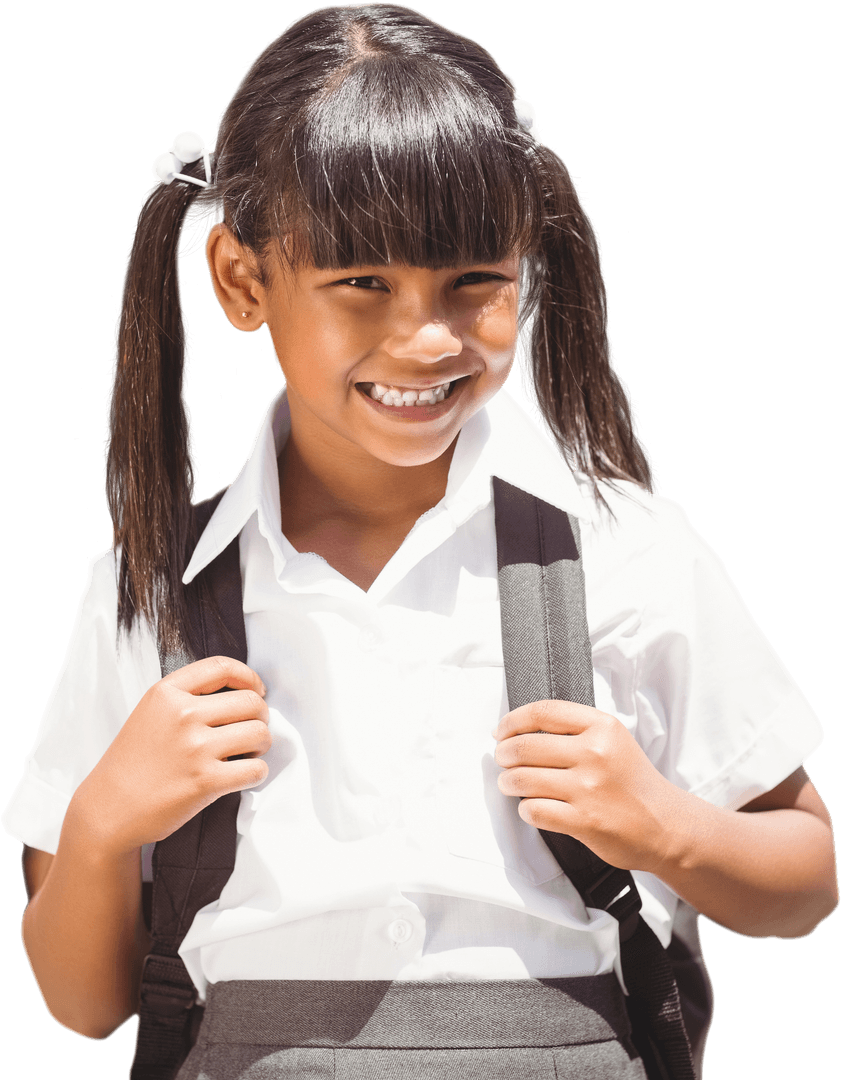 Happy Schoolgirl Wearing Uniform and Backpack Transparent Background