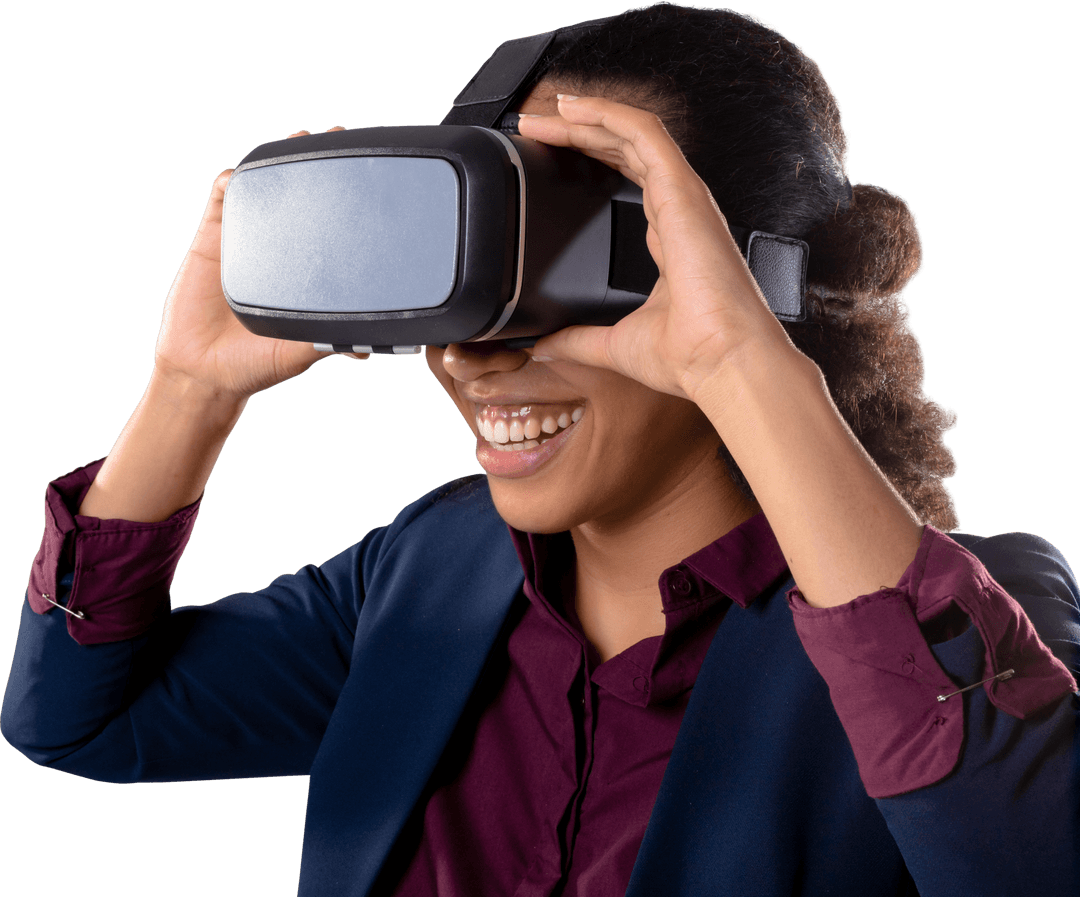 Transparent Smiling Businesswoman Experiencing VR Technology
