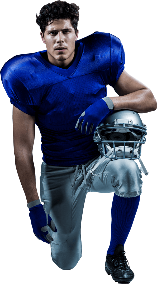 Transparent Male Football Player Holding Helmet on Field