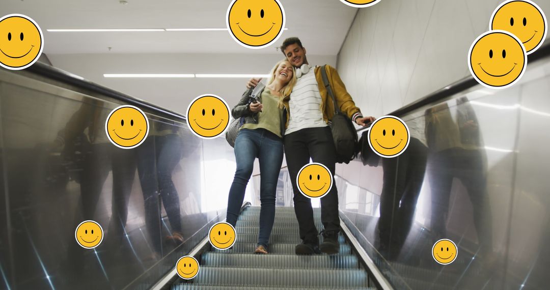 Couple Embracing on Escalator with Emoji Overlays