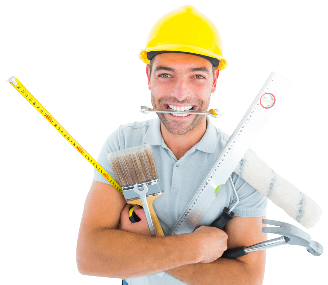 Cheerful Handyman Holding Tools Isolated Transparent Background