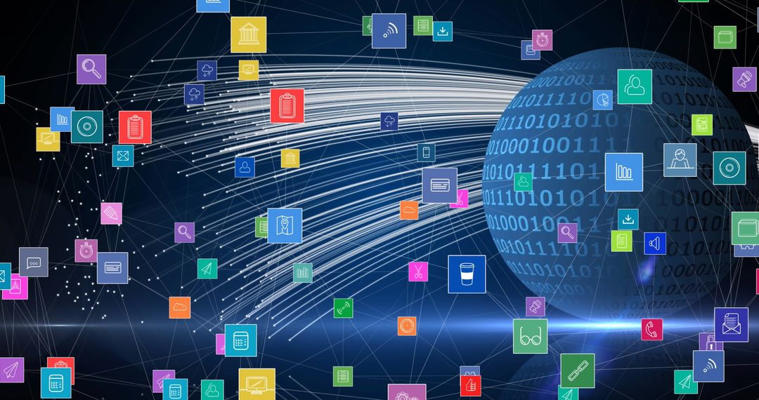 Futuristic Data Streams and Binary Globe with Technology Icons