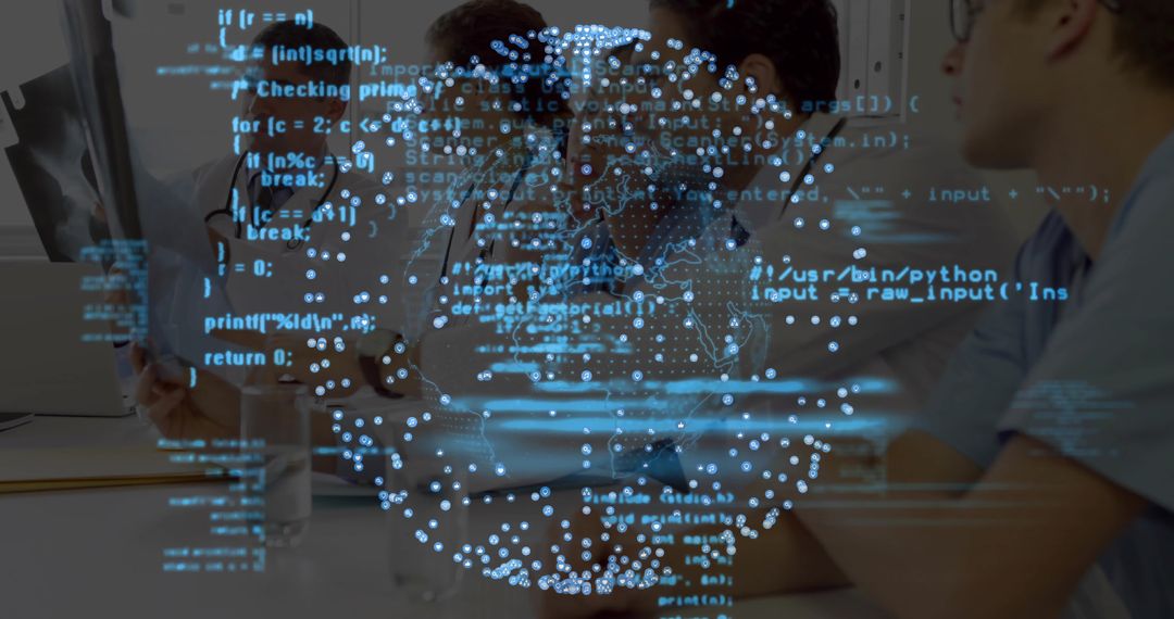 Team Analyzing Documents with Futuristic Data Overlay