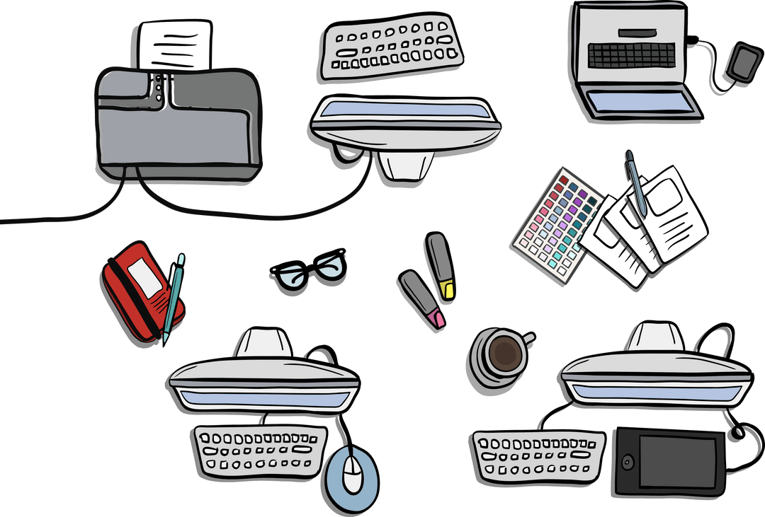Digital Illustration of Computers and Office Supplies on Transparent Background