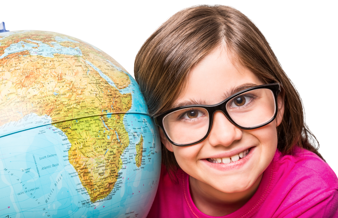 smiling child with glasses holding transparent globe map - Download Free Stock Images Pikwizard.com