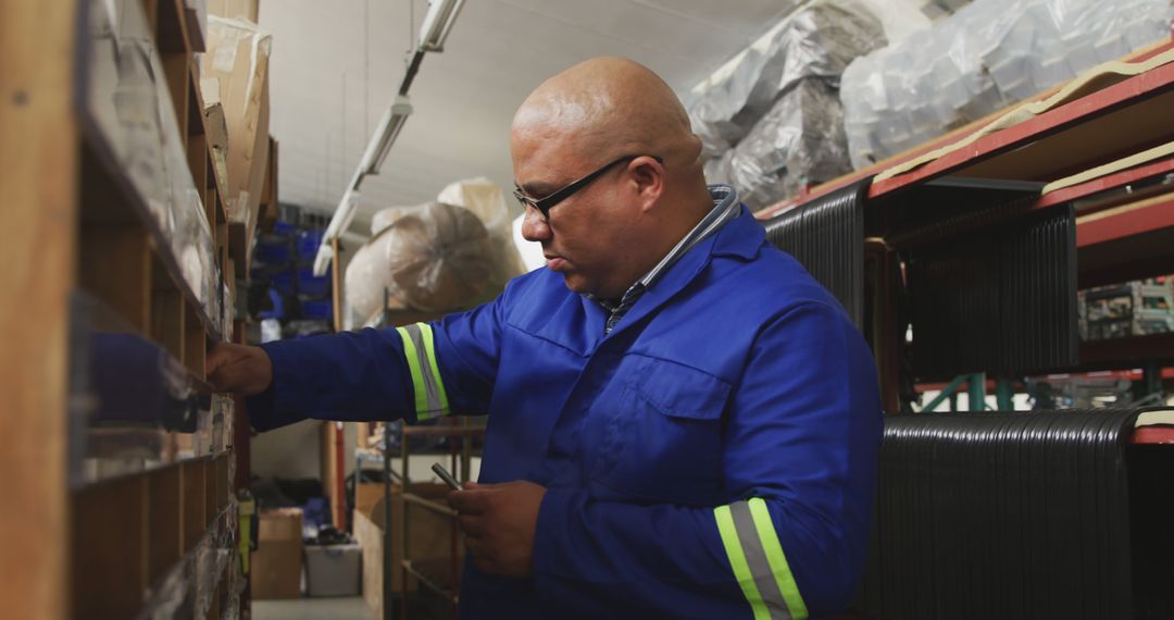 Male Warehouse Worker Inspecting Inventory on Shelves - Free Images, Stock Photos and Pictures on Pikwizard.com