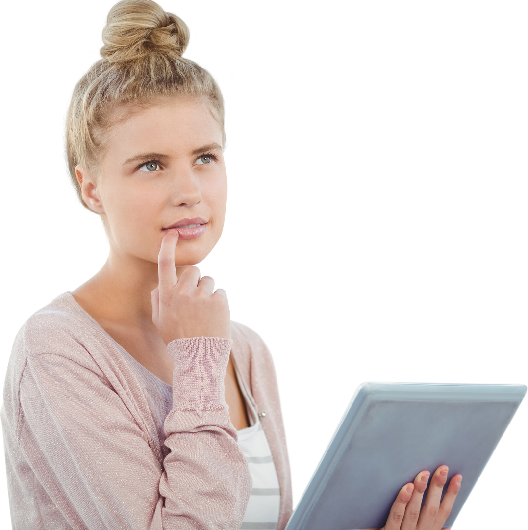 Thoughtful Woman with Tablet Standing Transparent Background - Download Free Stock Images Pikwizard.com