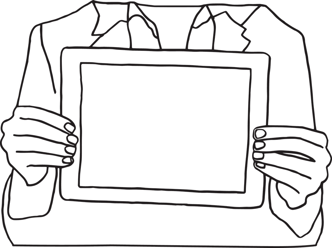Transparent Line Drawing of Hands Holding Tablet