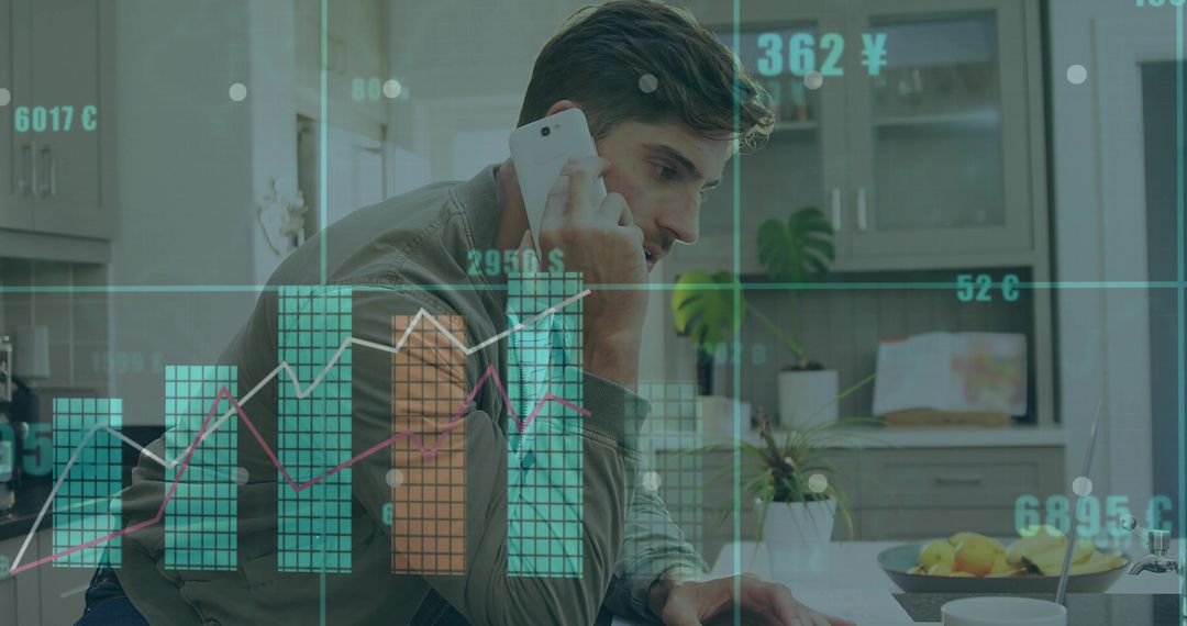 Man Analyzing Finance Charts on Phone at Home Office Desk