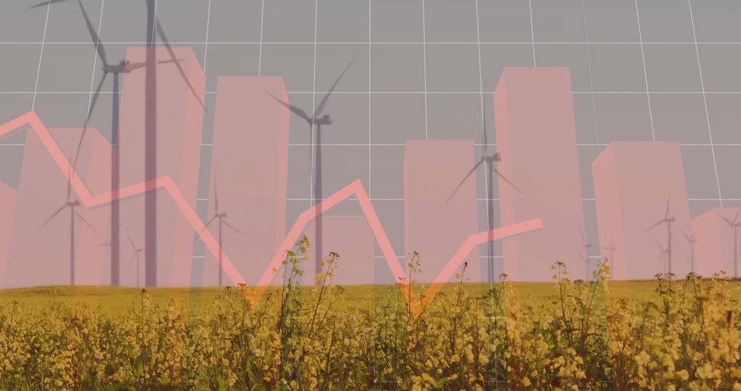 Field of Wind Turbines with Renewable Energy Data Overlay