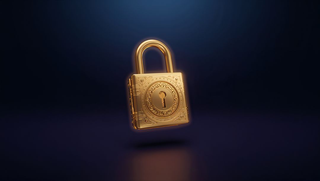 Floating ornate gold padlock over dark reflective surface with intricate keyhole medallion