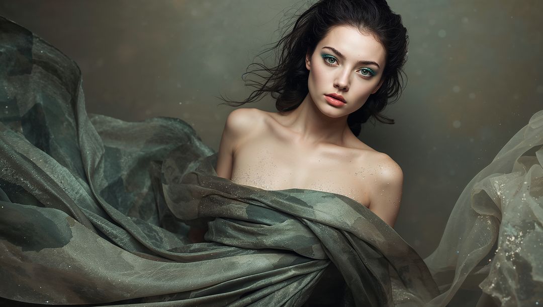 Ethereal model draping green-gray chiffon with glitter for moody editorial portrait