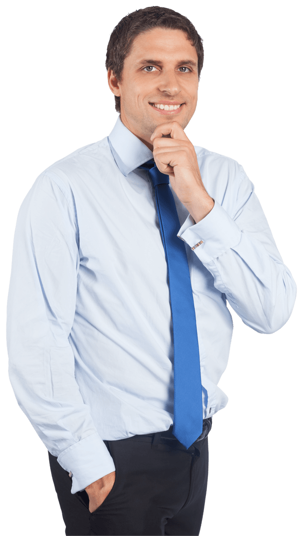 Transparent Businessman in White Shirt Thinking and Smiling